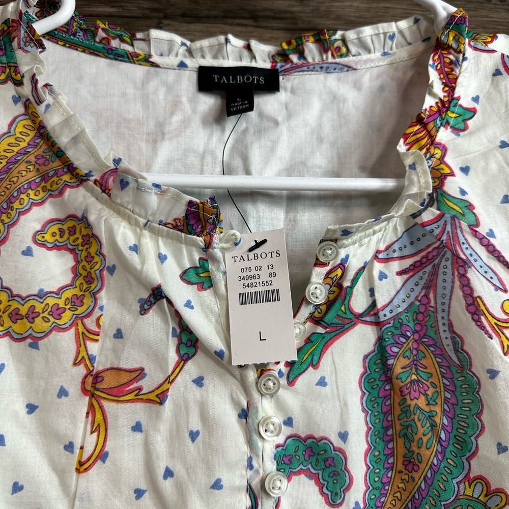 Talbots White Ruffled Flutter Sleeve Paisley Blouse - Picture 2 of 8